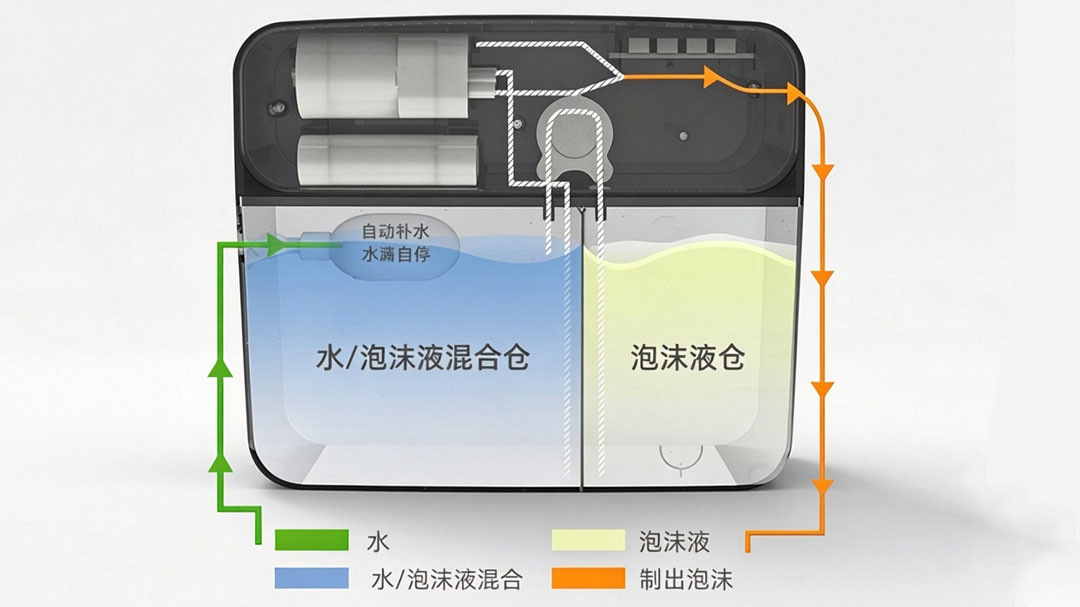 MOUTSAN 产品结构剖视图：水液分隔与出泡流程